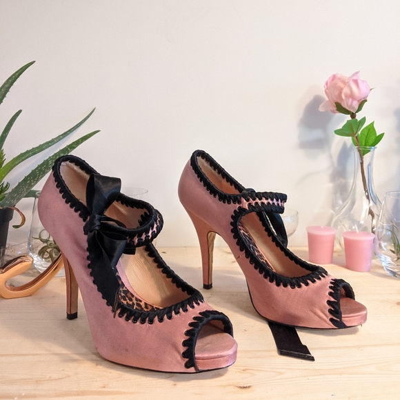 Betsey Johnson Shoes - Betsey Johnson Pink and Black Peep-Toe Mary Jane Heels